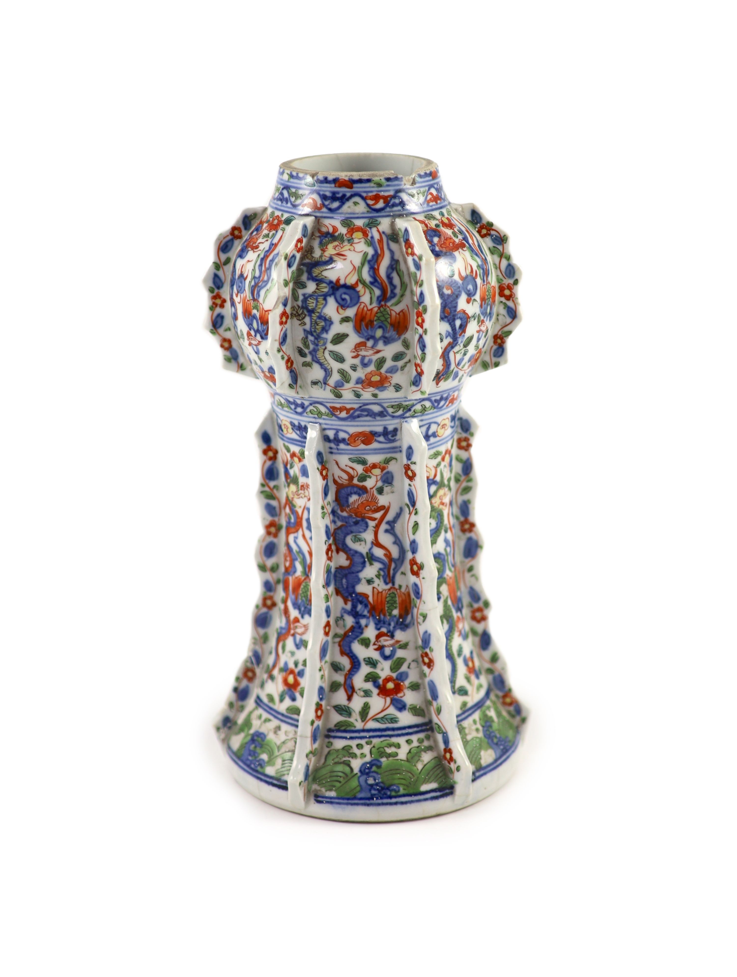 A Chinese wucai beaker vase, gu, Kangxi period, 23.5cm high, neck reduced